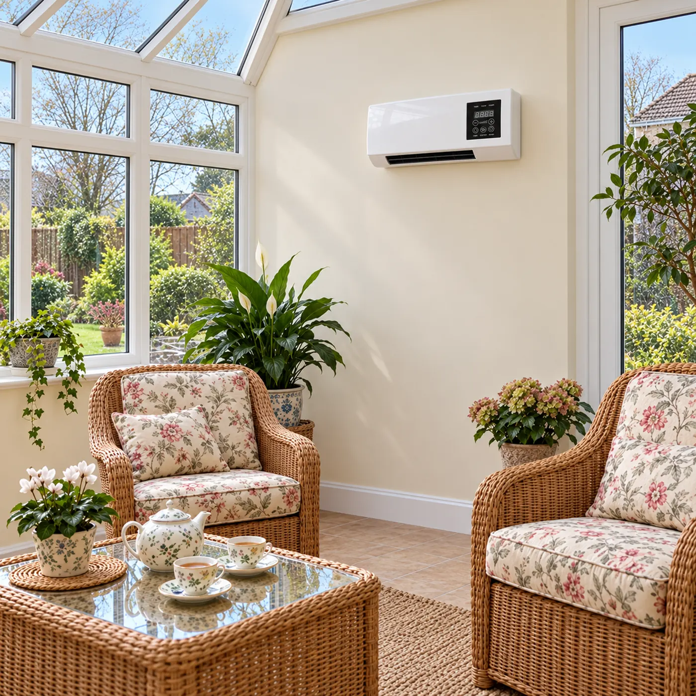 Bright conservatory with a wall-mounted heater