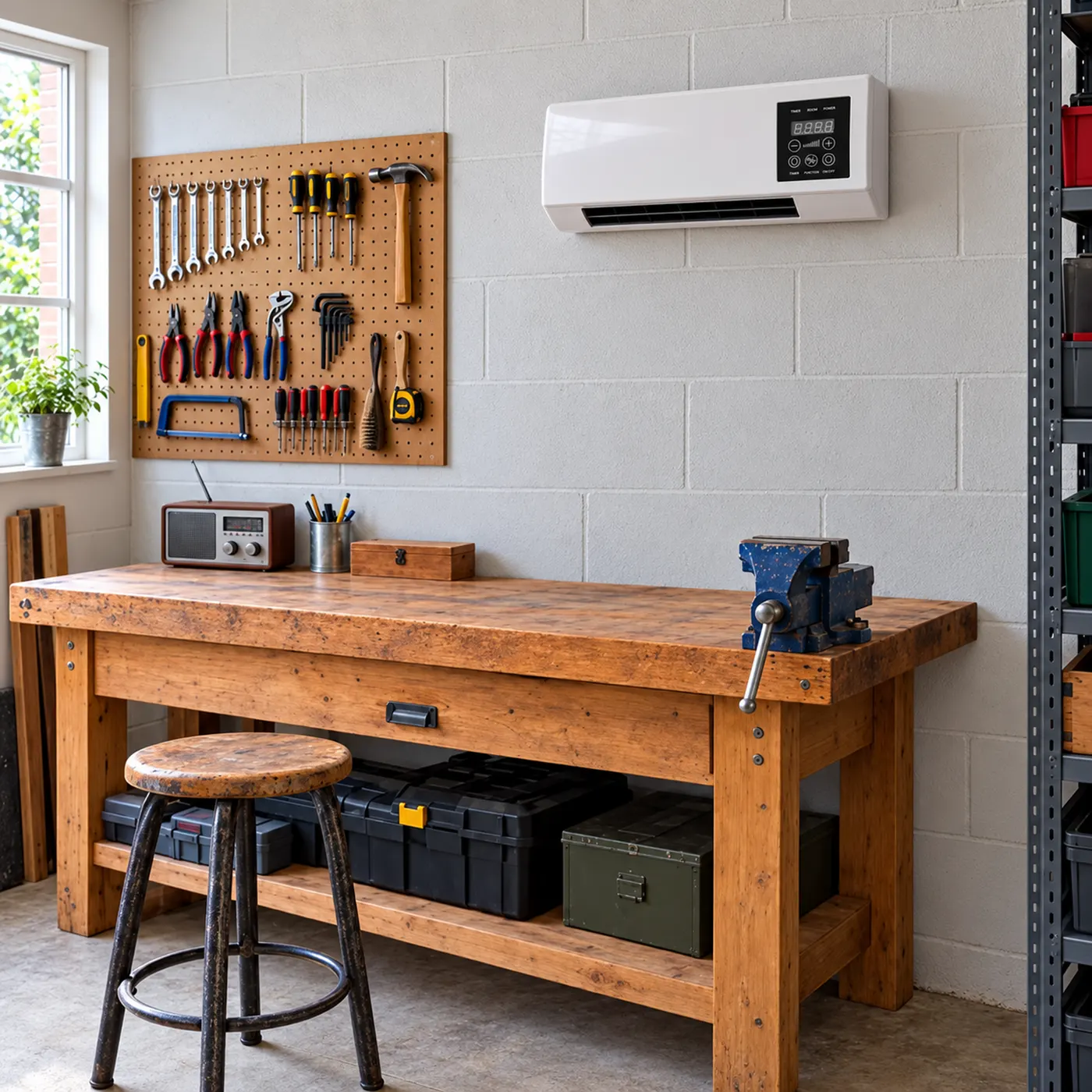 Workshop bench with a wall-mounted heater