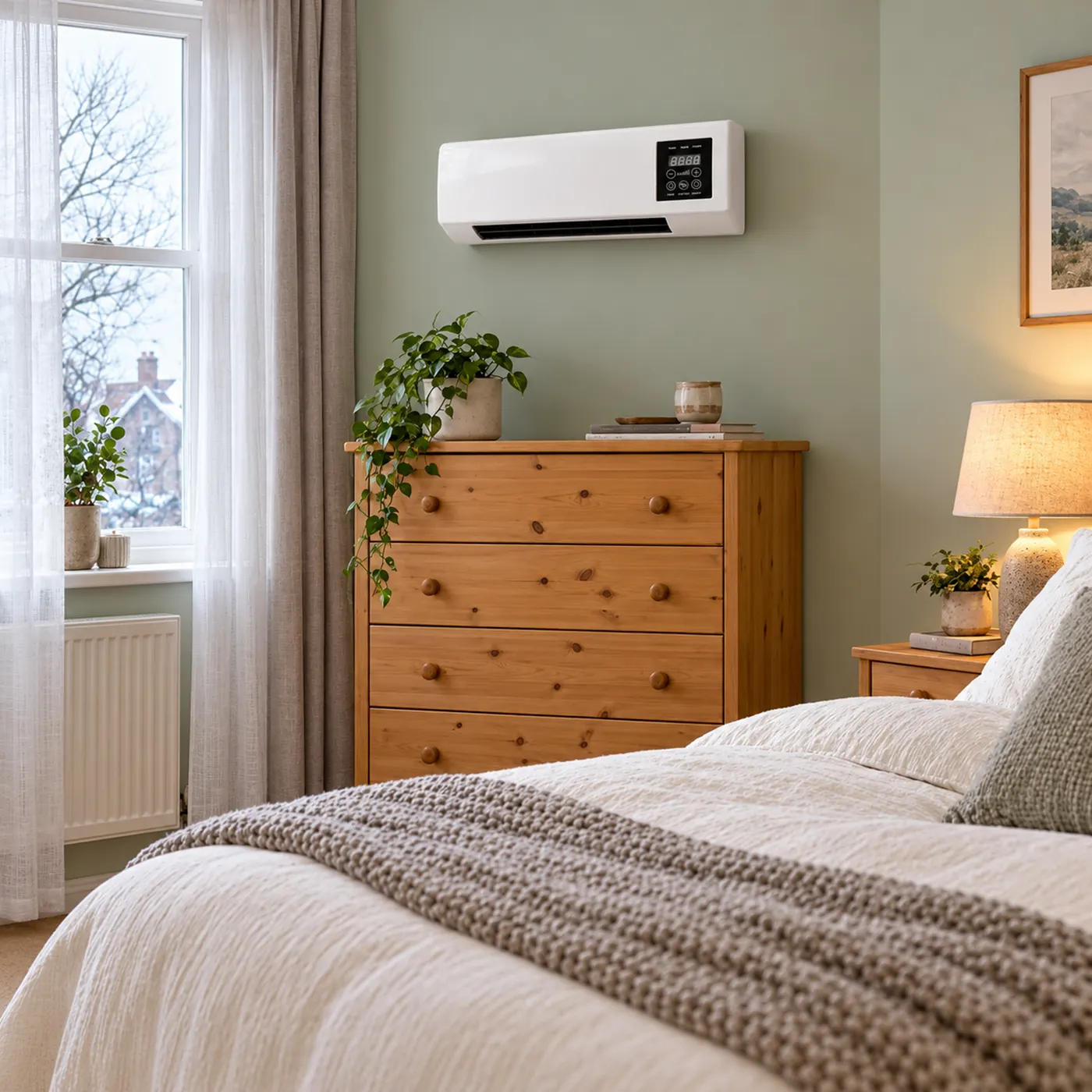 Wall heater fitted in a cosy UK bedroom