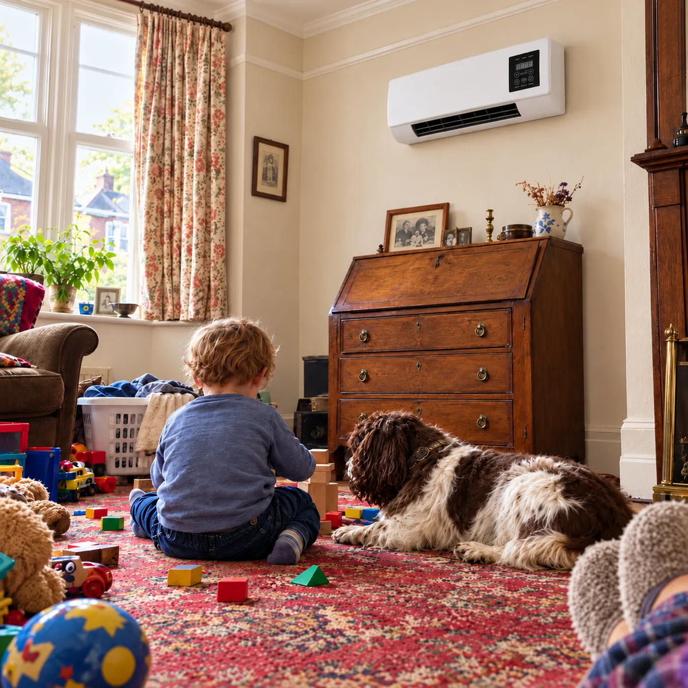 Child and dog playing safely in a room with a wall-mounted heater