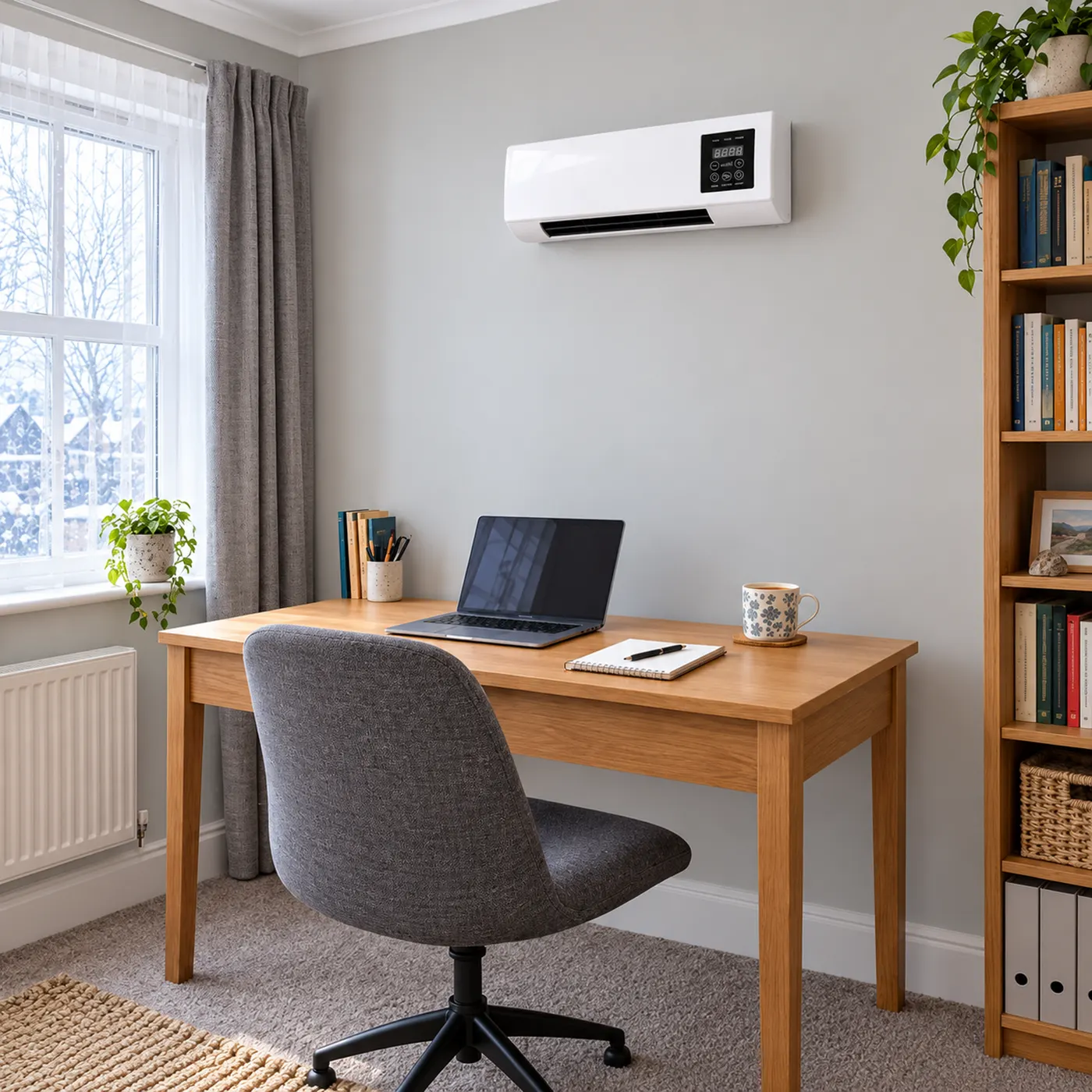 Home office desk with a wall heater above