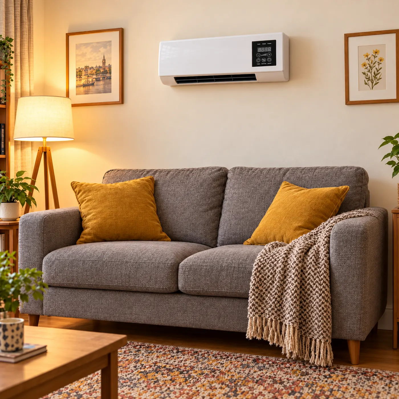 Electric wall heater mounted above a sofa in a UK living room