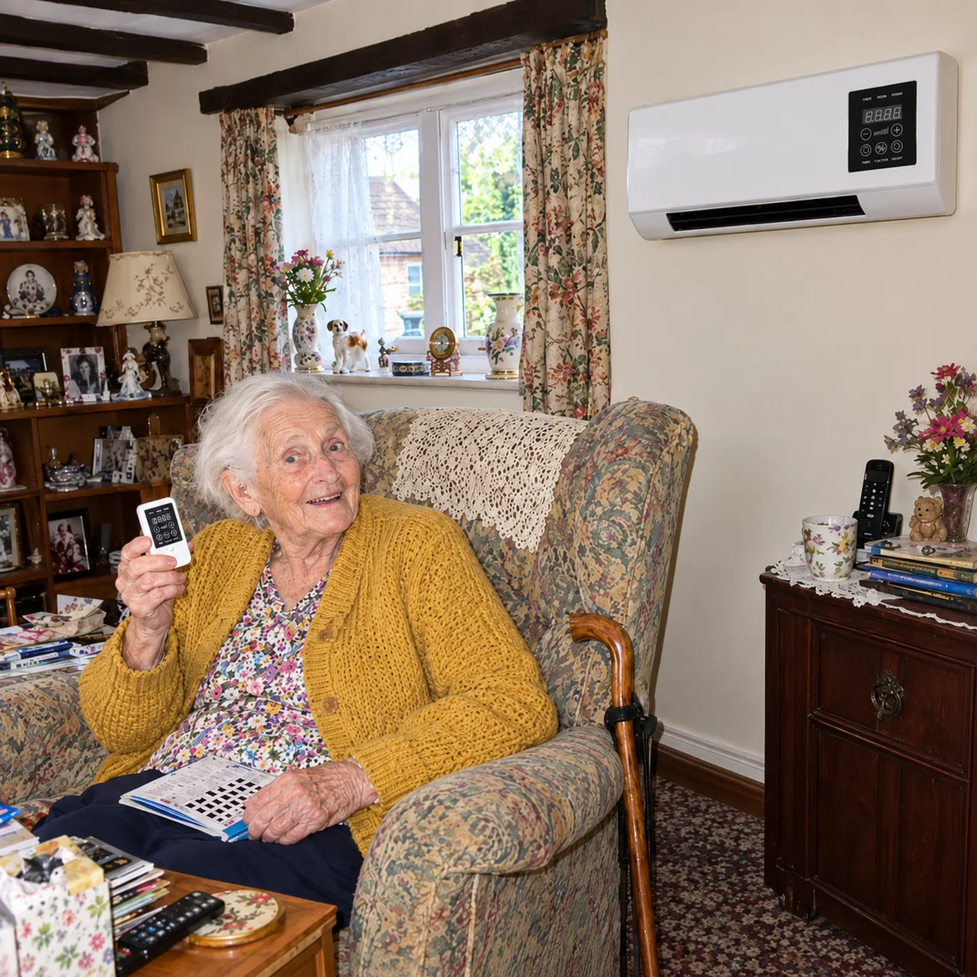 Woman adjusting WarmFall with the remote control from her sofa