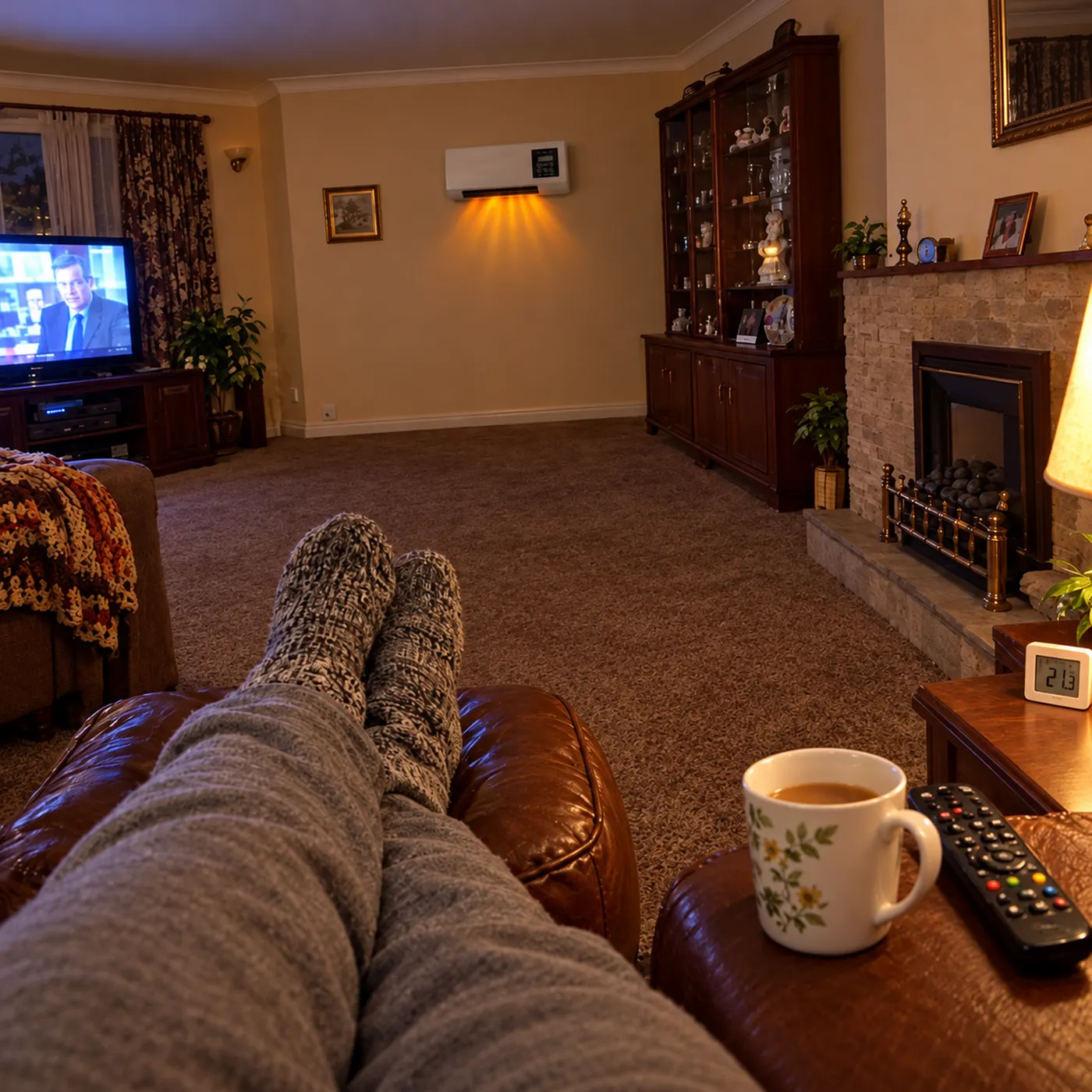 WarmFall mounted high on a living-room wall, warming the seating area below