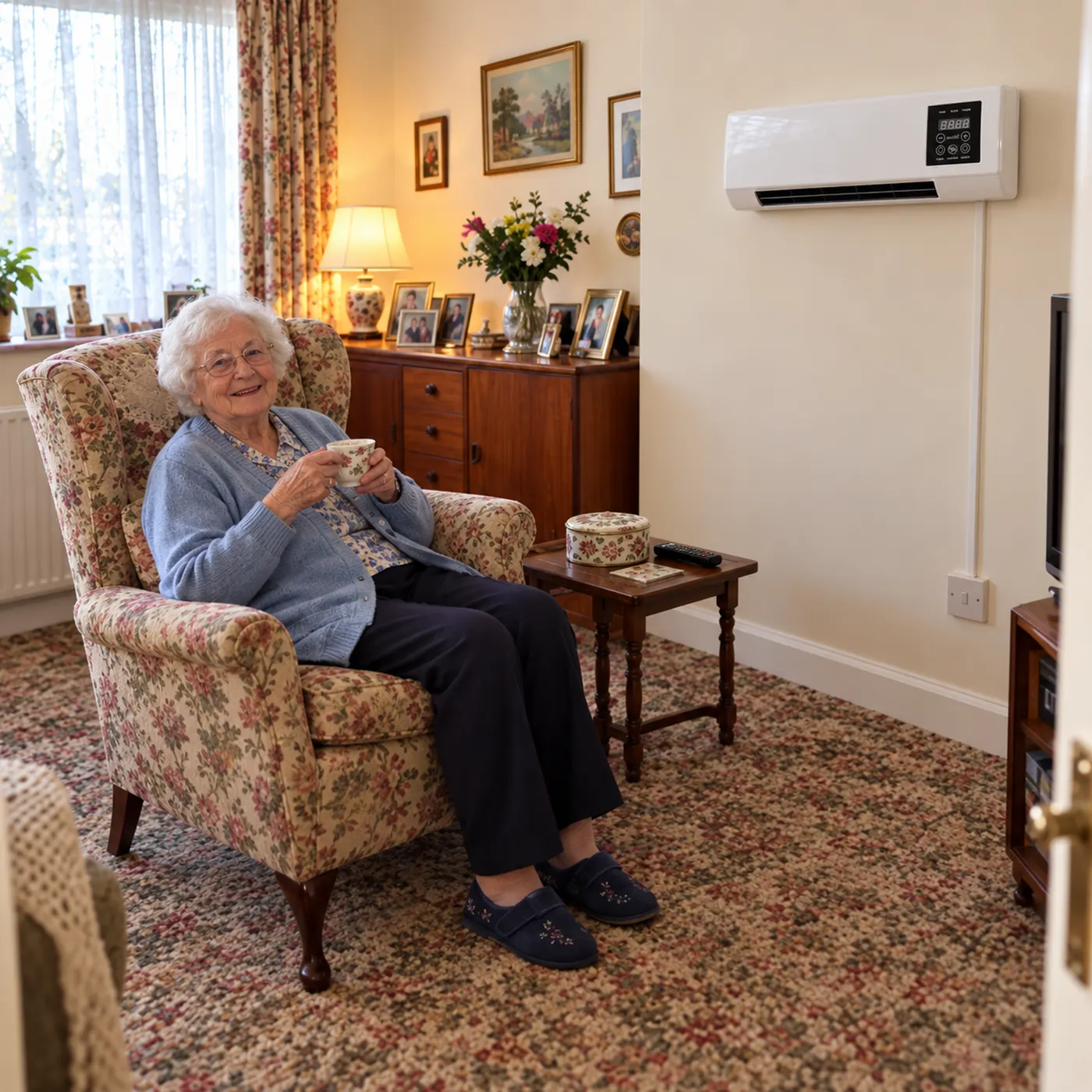 Older woman warm in her armchair with WarmFall heating the room