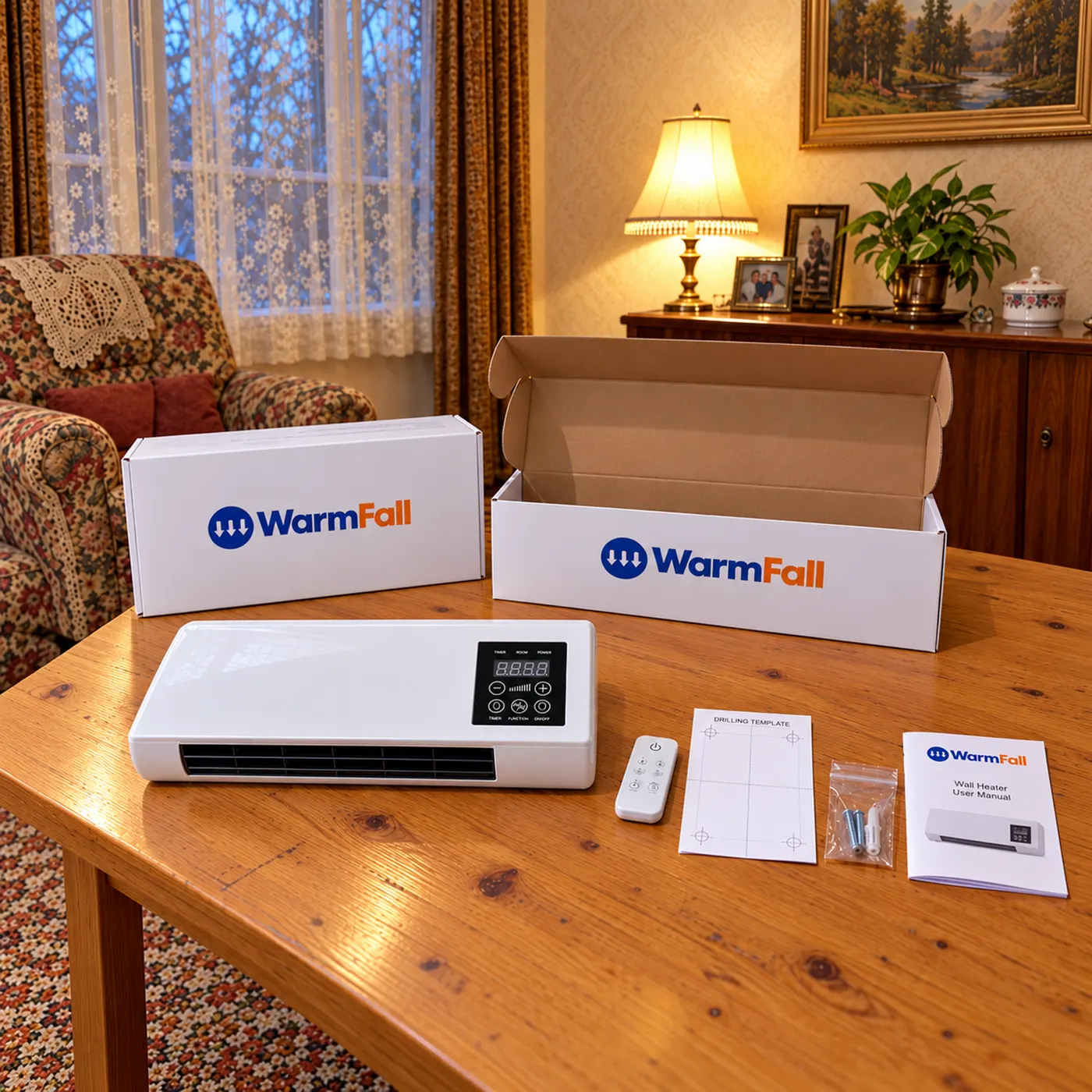 WarmFall heater, remote, bracket, template and screws laid out
