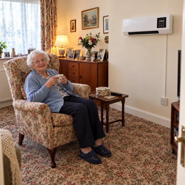 Woman sitting warm in an armchair beneath a wall heater